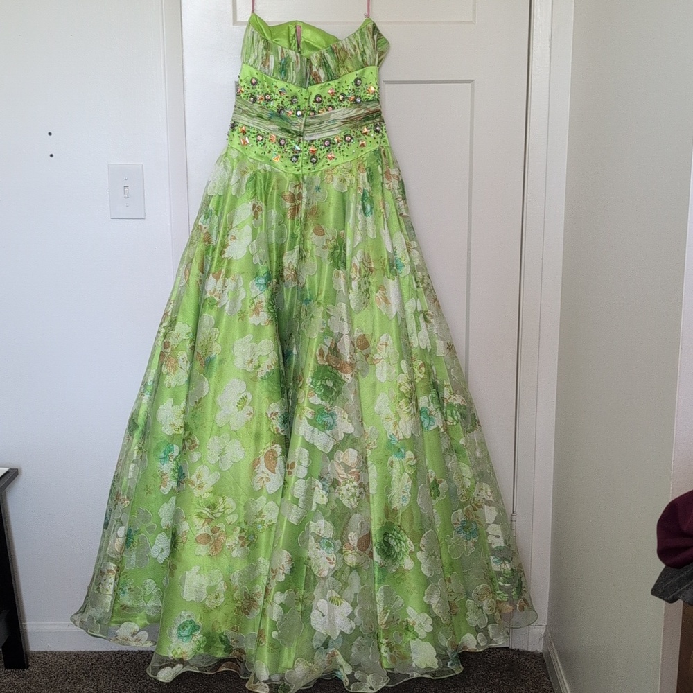Blush Prom Green Floral Strapless Prom Gown - Picture 5 of 12